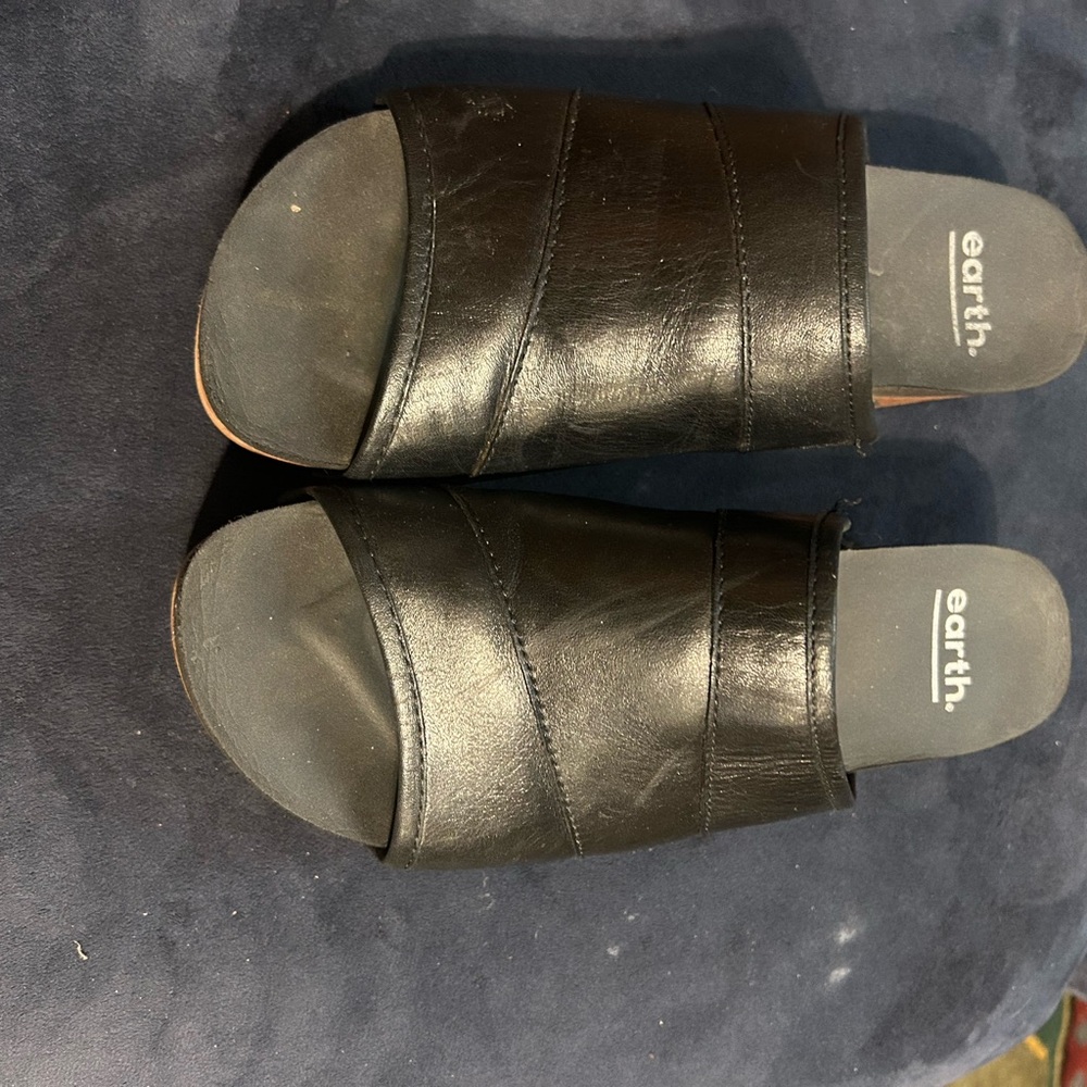 Earth Black Leather Slides never worn.